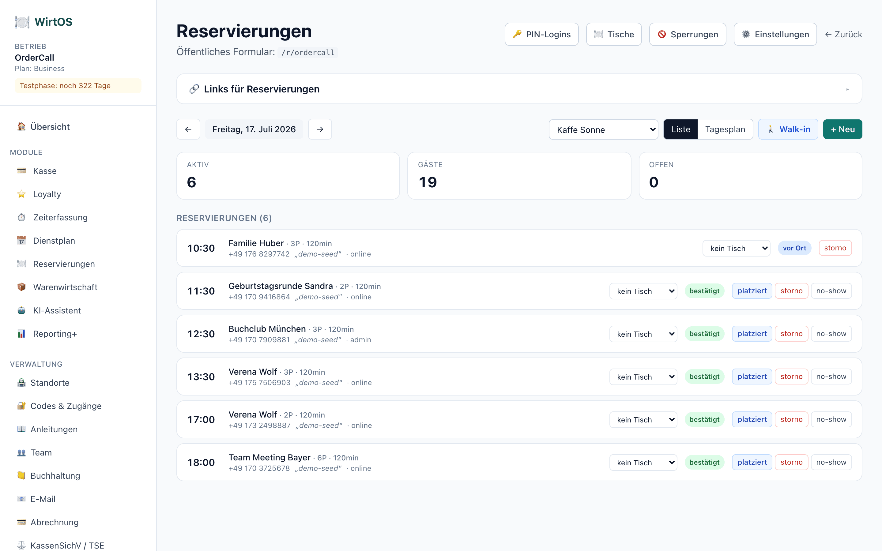 WirtOS Reservierungen — Screenshot aus der Anwendung