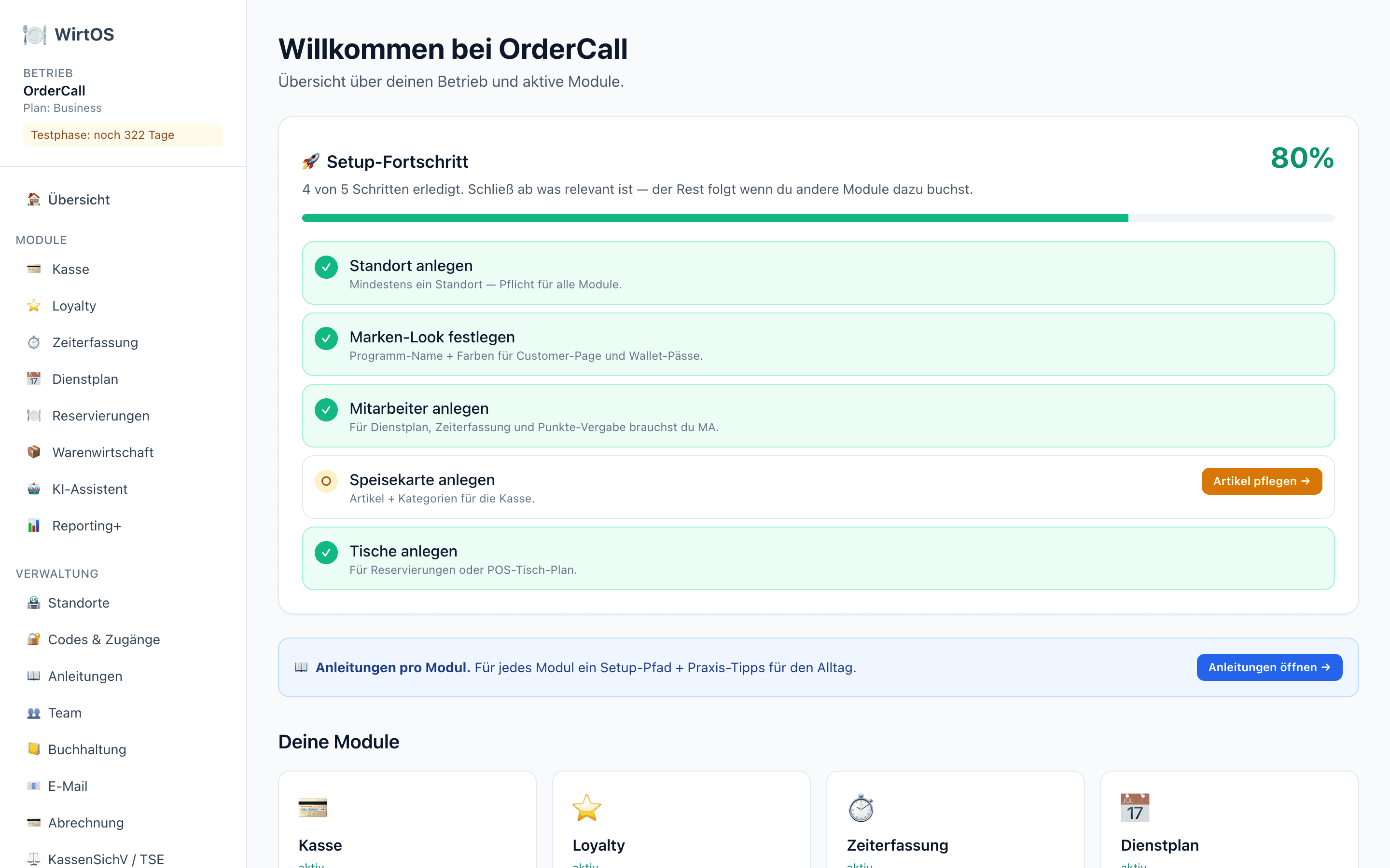 WirtOS Dashboard — alle Module deines Betriebs an einem Ort