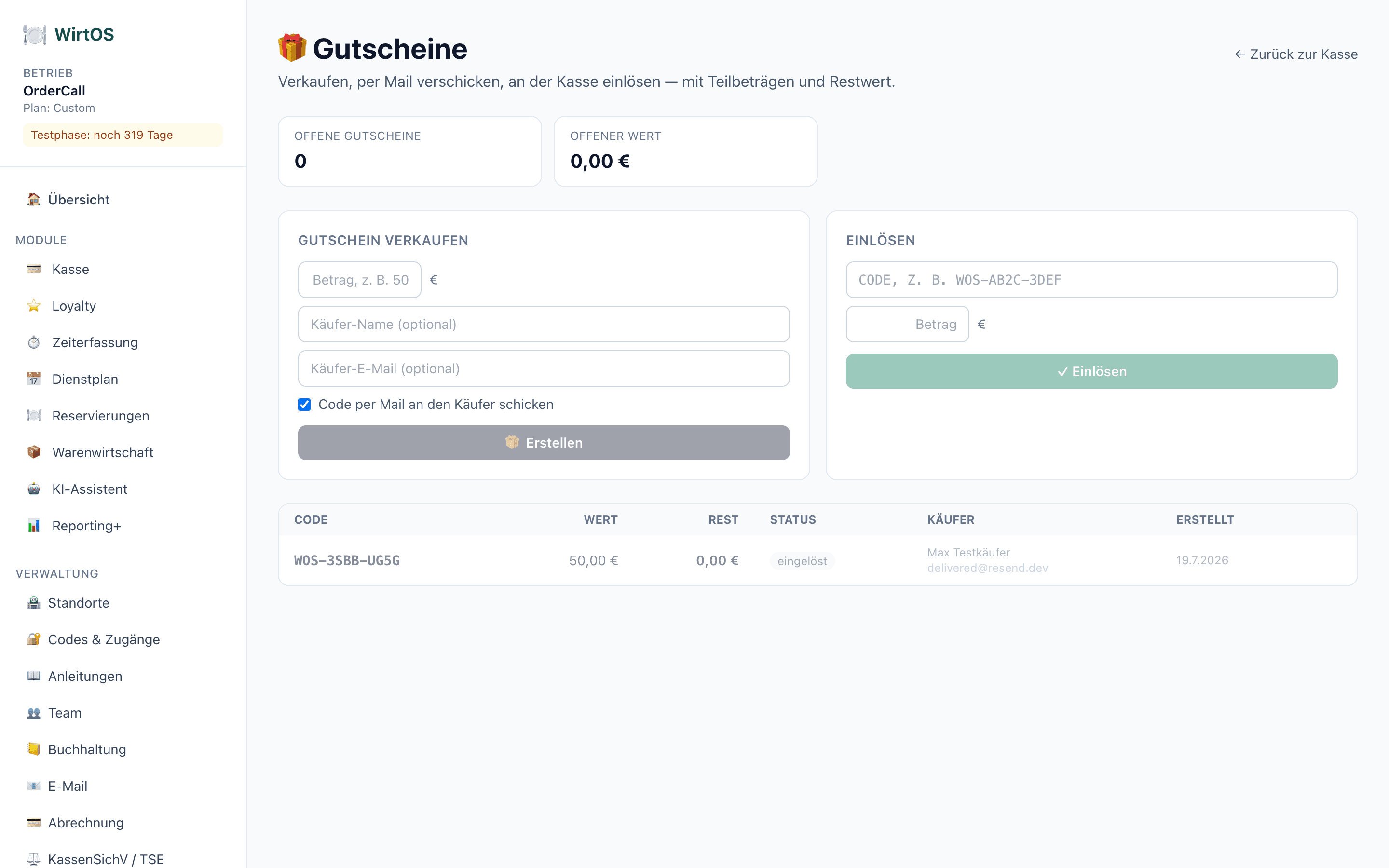 WirtOS Gutscheine — Screenshot aus der Anwendung