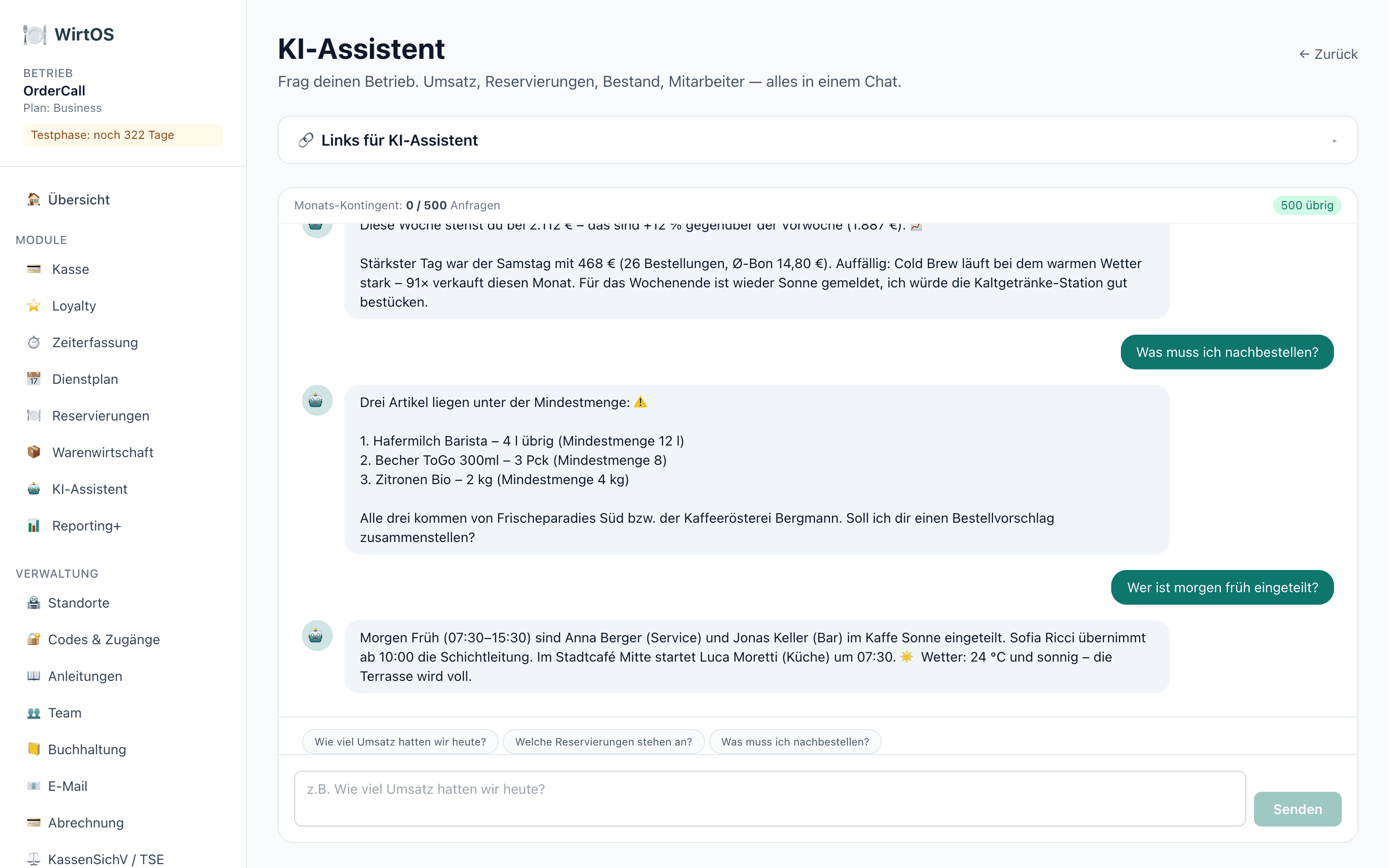 WirtOS KI-Assistent — Screenshot aus der Anwendung