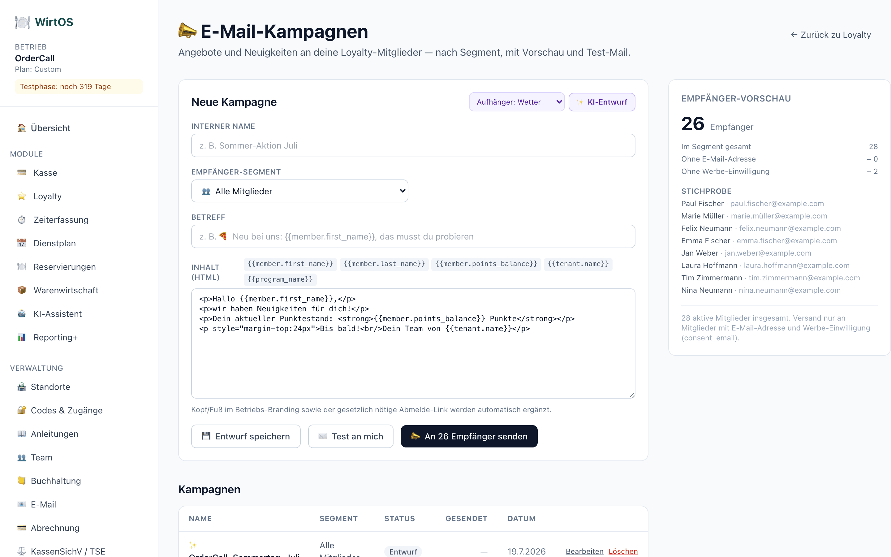 E-Mail-Kampagnen mit Segmenten, Empfänger-Vorschau und KI-Texter — inkl. Öffnungsraten.