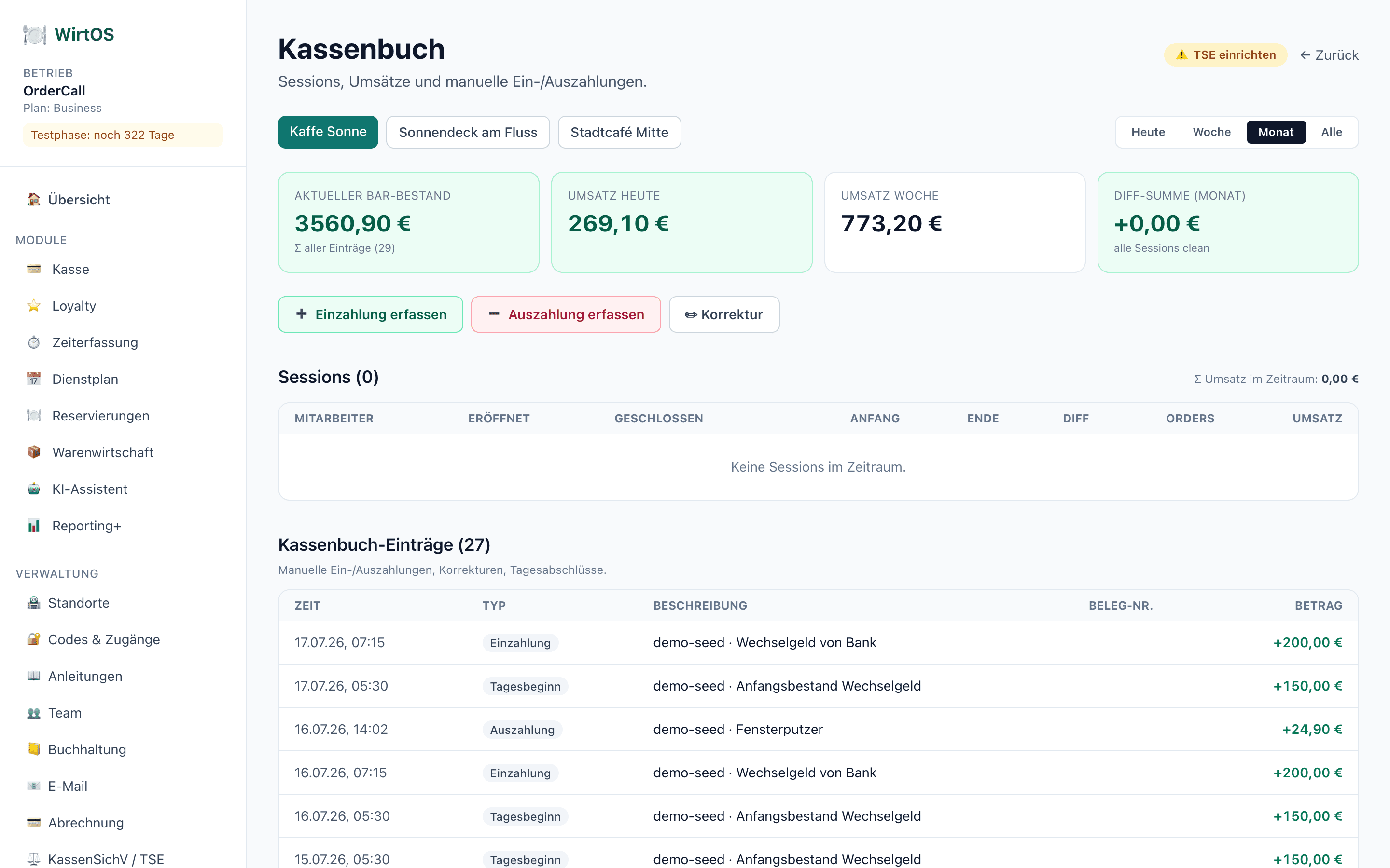Kassenbuch mit Einlagen, Entnahmen und Tagesabschluss — KassenSichV-konform.