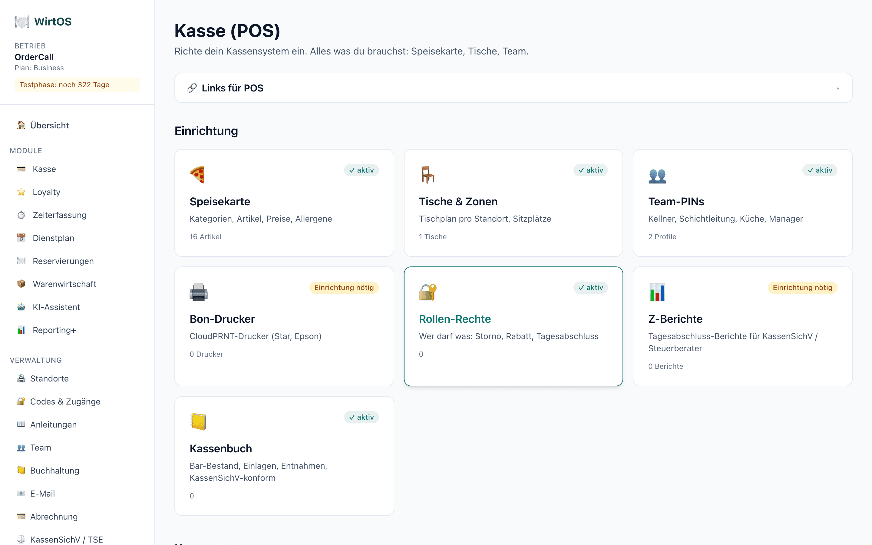 WirtOS Kasse — Screenshot aus der Anwendung