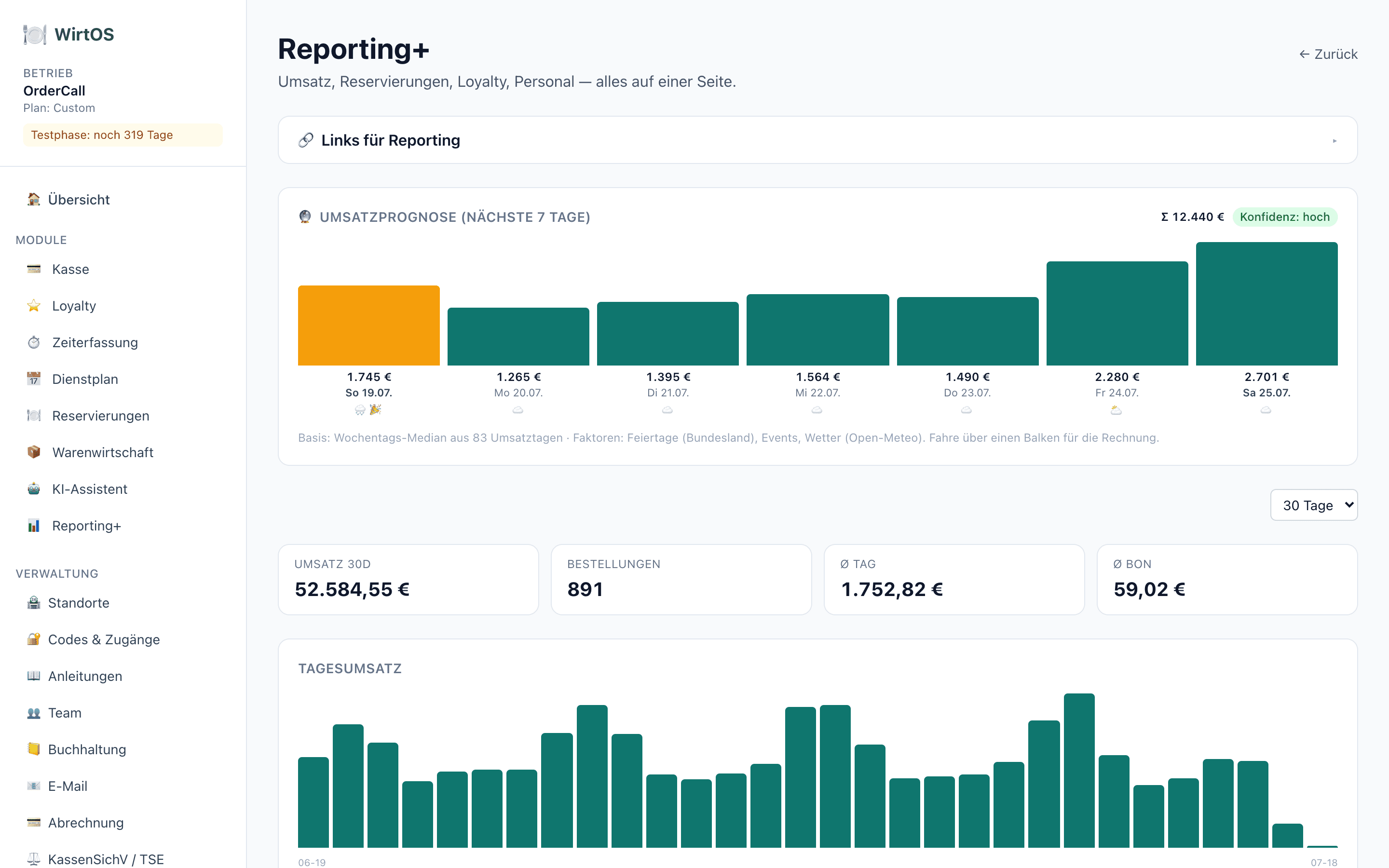 WirtOS Reporting+ — Screenshot aus der Anwendung