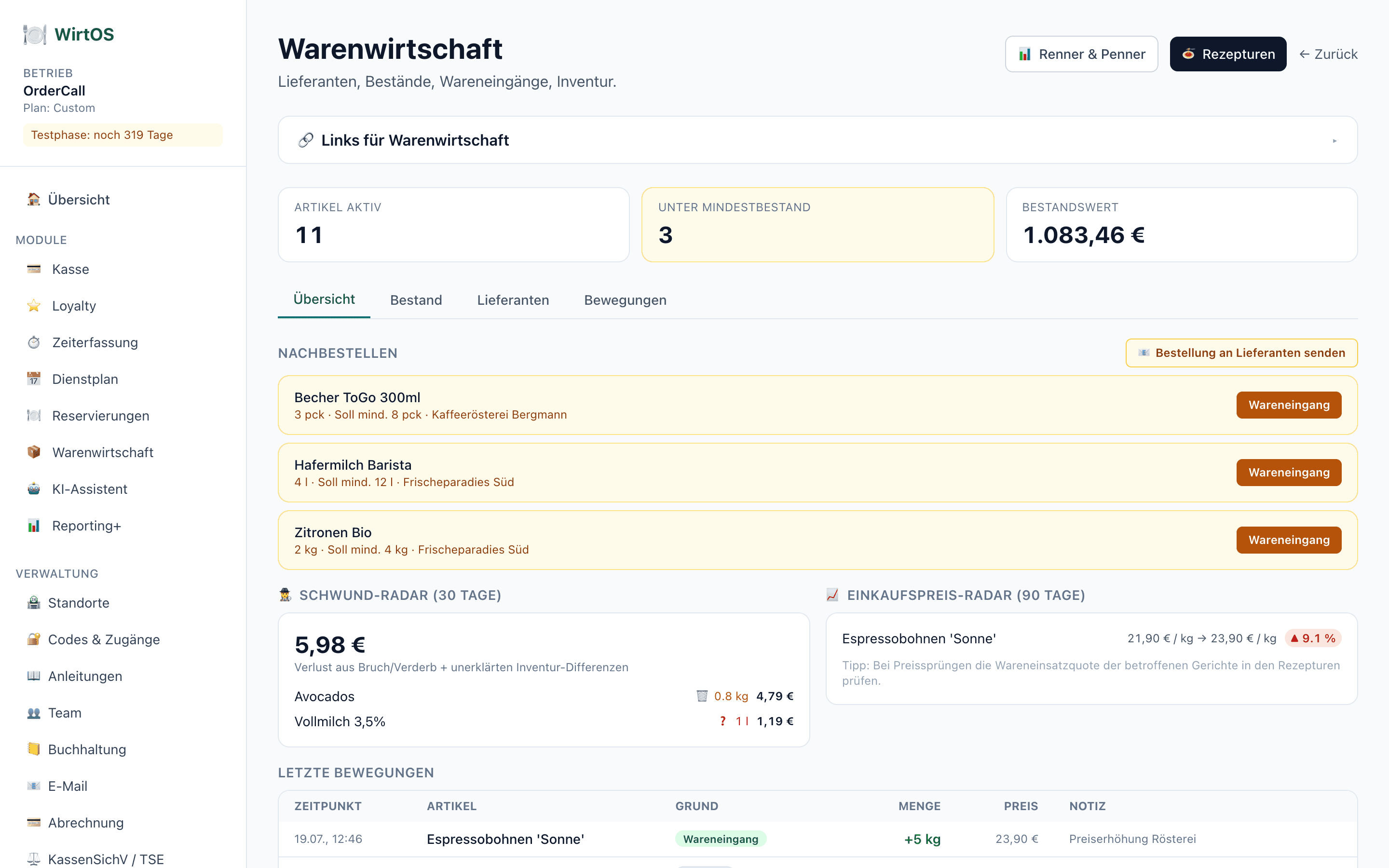 WirtOS Warenwirtschaft — Screenshot aus der Anwendung