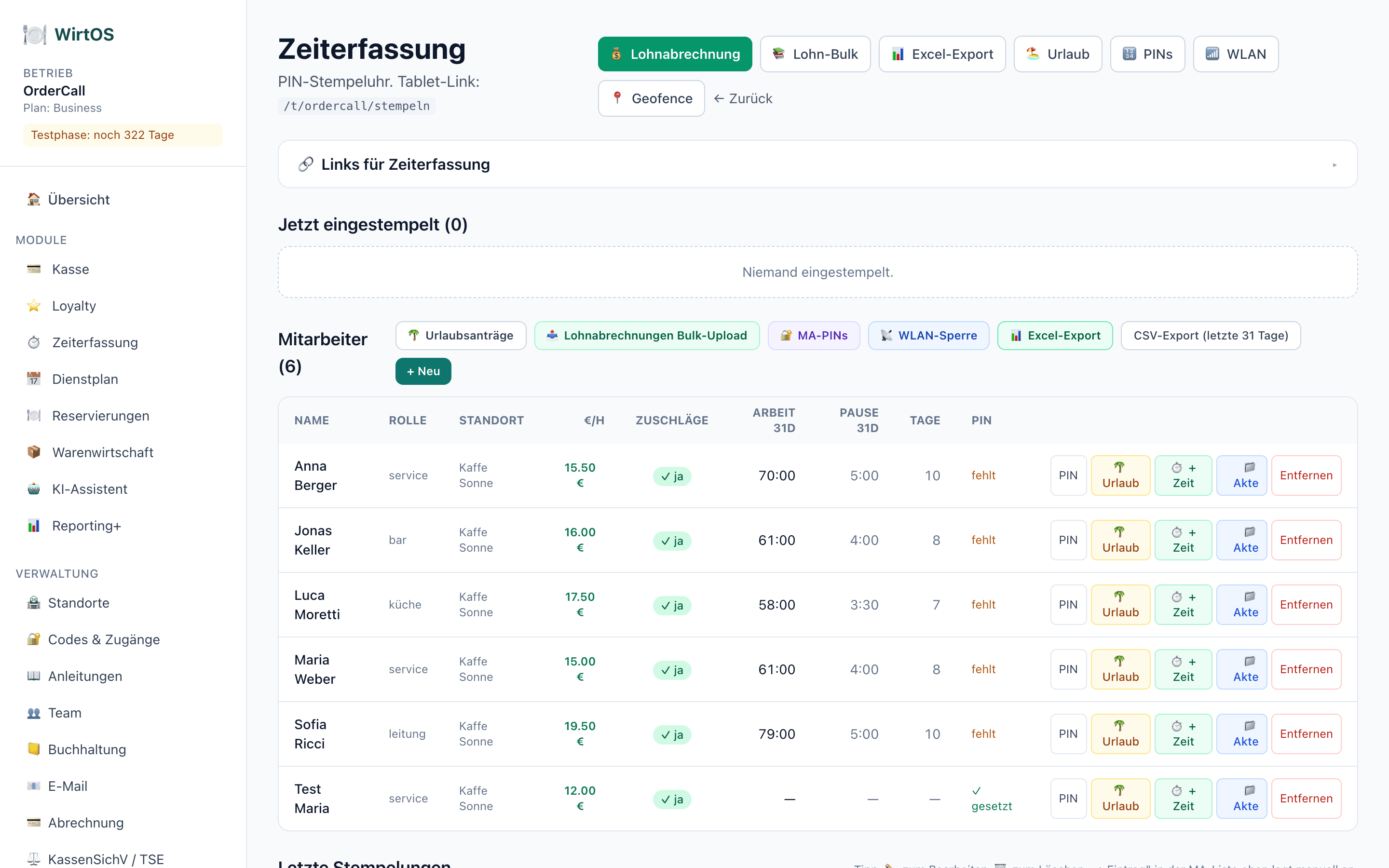 WirtOS Zeiterfassung — Screenshot aus der Anwendung